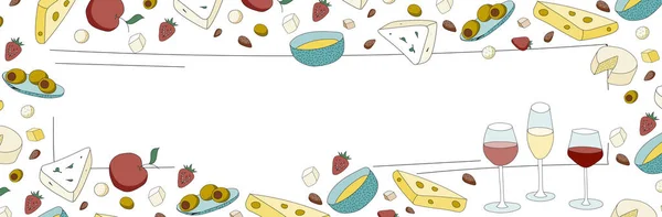 Bicchieri di vino e antipasti. Doodle stile hipster cartone animato colorato vettore standard Internet banner illustrazione con spazio libero copia per il testo. Bar ristorante menu o pubblicità arredamento, poster o carta — Vettoriale Stock