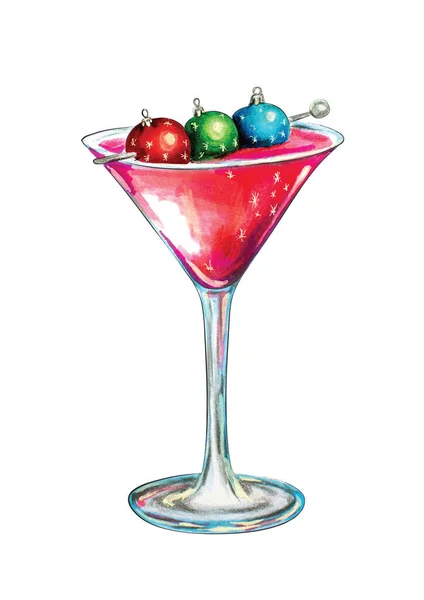 Christmas New Year Eve Winter Holiday Pink Martini Cocktail Liquor Bar Party Nightlife Hand Drawn Food Sketch Illustration. Menu, card, poster, invitation, decoration — Stock Photo, Image