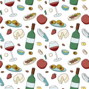 Çizgi film hipster stili renkli vektör pürüzsüz desen. Şarap kadehi, şişe ve aperatifler. Şarap barı menüsü veya reklamları, kart, çiftçiler için gıda dekoru, web sitesi tasarımı veya kumaş