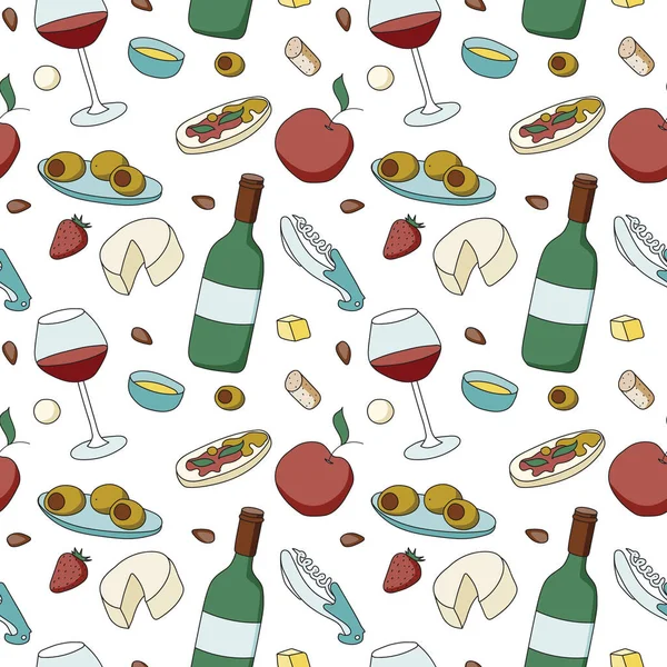 Doodle stile cartone animato hipster colorato modello vettoriale senza soluzione di continuità. Bicchiere di vino, bottiglia e antipasti. Per menu o annunci enoturistici, carte, decorazioni alimentari per il mercato agricolo, design del sito web o tessuto — Vettoriale Stock