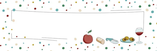 Bicchiere di vino e antipasti. Doodle stile hipster cartone animato colorato vettore standard Internet banner illustrazione con spazio libero copia per il testo. Bar ristorante menu o pubblicità arredamento, poster o carta — Vettoriale Stock