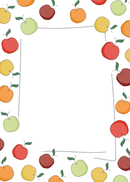 Doodle мультфильм хипстер стиль рамки орнамент иллюстрации. Красные, оранжевые, желтые зеленые яблоки. Ресторанное меню, карта, фермеры продают продукты питания декор. Размер с бесплатным местом для печати текста — стоковый вектор