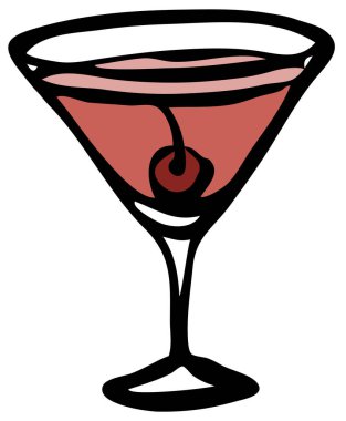 Klasik martini bardağında maraska kirazıyla süslenmiş havalı, el yapımı, kırmızı, kozmopolit bir Manhattan mürekkebi. Kokteyl parti kartı, davetiyeler, posterler, bar menüsü yemek tarifi.