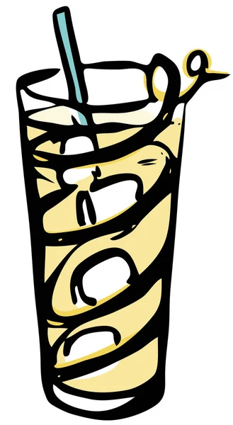 Gaya tinta gambar tangan yang bergaya Es dingin kuda kuning segar cocktail yang dihias dengan lemon zest twist dalam kaca klasik Collins. Koktail kartu partai, undangan, poster, menu bar resep buku masak - Stok Vektor