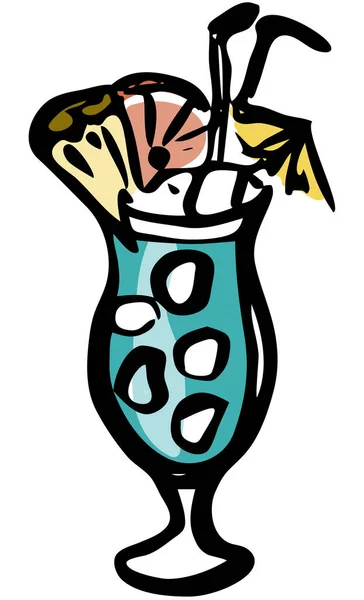 Stylová ručně kreslená modrá laguna ve stylu inkoustu, letní tiki koktejl zdobený borovým jablečným citrusem a deštníkem v klasickém hurikánovém skle. Na koktejl přání, plakát, bar menu kuchařka recept — Stockový vektor