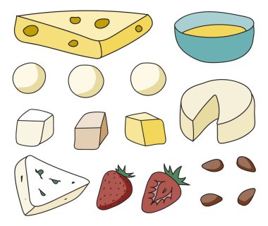 Çizgi film hipster stili renkli vektör çizimi. Peynir seti, çilek, badem ve bal kasesi. Bar restoranının menü reklamları, poster, kart, çiftçi pazarı gıda dekorasyonu, web sitesi tasarımı veya çıkartmaları