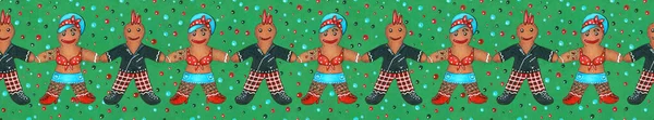 손으로 그린 생강 빵 남자와 여자는 펑크 록 록 록 카빌리 사이코 브릴리 스타일로 녹색 배경에 그려져 있다. 크리스마스 장식, 국경 장식, 솔기없는 패턴 라인 — 스톡 사진
