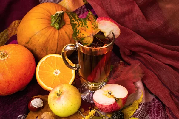 Autumn fall Halloween Thanksgiving season special mulled wine hot cocktail. A photo composition with maple leaves, apples, pumpkins and orange — Stock Photo, Image