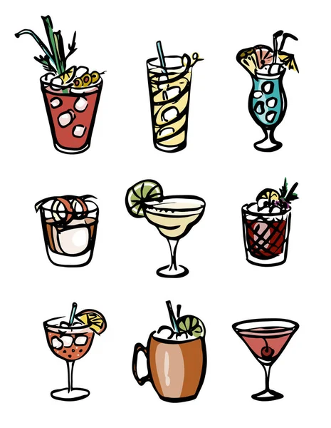 Sada ikon ručně kreslený inkoust retro barevný styl vektorové ilustrace. Různé alkoholové koktejlové skleničky s vysokým míčkem martini margarita staromódní Moskva mezek. Recept na lístek, plakát nebo bar — Stockový vektor