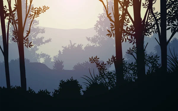 木々の自然の森の山の地平線の丘のシルエット 夜の日の出と日没 風景壁紙 イラストベクトルスタイル カラフルな景色の背景 — ストックベクタ