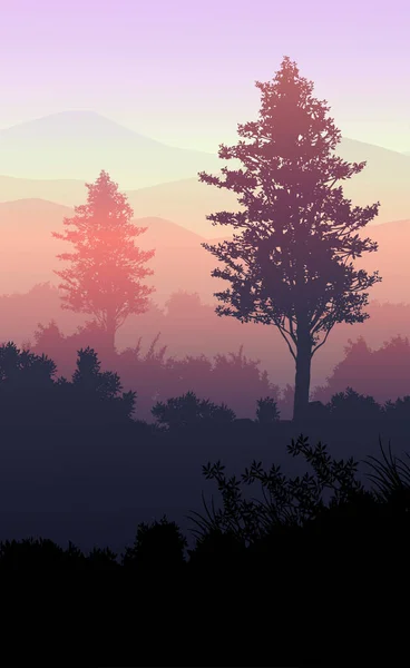 Natürliche Waldberge Horizont Hügel Silhouetten Von Bäumen Abendlicher Sonnenaufgang Und lizenzfreie Stockvektoren
