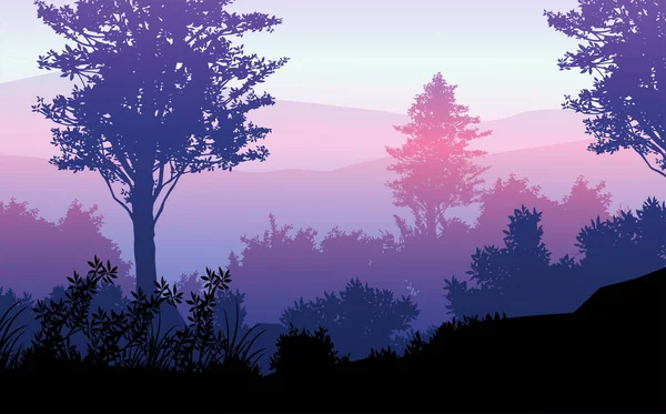 Natürliche Waldberge Horizont Hügel Silhouetten Von Bäumen Abendlicher Sonnenaufgang Und lizenzfreie Stockillustrationen