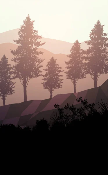 Natürliche Waldberge Horizont Hügel Silhouetten Von Bäumen Abendlicher Sonnenaufgang Und lizenzfreie Stockillustrationen