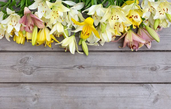 Tahta arka planda taze nilüferler.