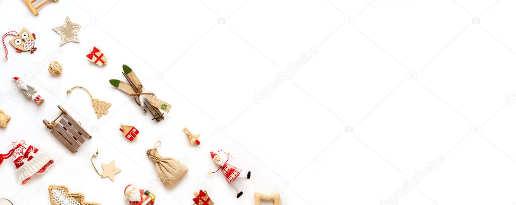Christmas decoration knolling with zero waste toys. Flat lay, top view