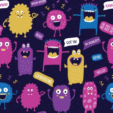 Konuşma baloncuklu canavarlar. Vektör tekrar. Giysiler, ambalaj, hatıra defteri, duvar kâğıdı, hediye, çocuklar için harika..