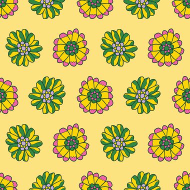 Retro 60 'ların çiçekleri. Vektör tekrar deseni. Ev dekorasyonu, ambalaj, moda, hatıra defteri, duvar kağıdı, hediye, çocuklar, giysi için harika..