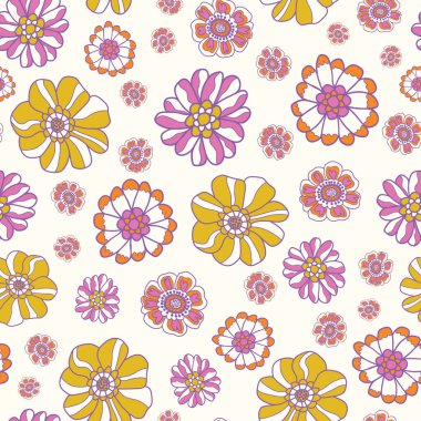 Retro 60 'ların çiçekleri. Vektör tekrar deseni. Ev dekorasyonu, ambalaj, moda, hatıra defteri, duvar kağıdı, hediye, çocuklar, giysi için harika..