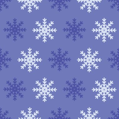 Mavi arka planda beyaz ve mavi renkli kar taneleri. Kusursuz vektör tekrarlama kalıbı. Tatil, Noel, ev dekorasyonu, ambalaj, moda, hatıra defteri, duvar kağıdı, hediye, çocuklar, giysi için harika..