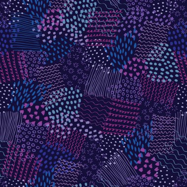 Oynak desenli işaretler, çiçekli çizgiler, kıvrımlı çizgiler, noktalar ve daireler, kusursuz desenler. Vektör tekrar. Moda, ev, durağan, çocuklar için mükemmel.. 