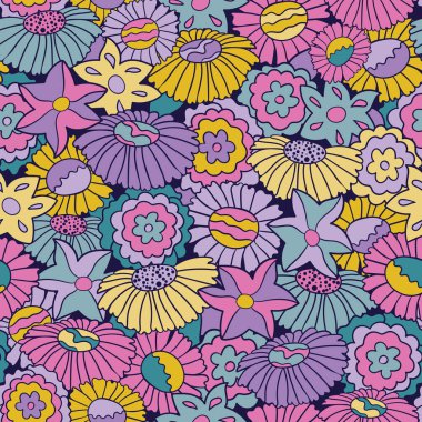Parlak ve pastel retro 60 'ların çiçekleri. Vektör tekrar deseni. Ev dekorasyonu, ambalaj, moda, hatıra defteri, duvar kağıdı, hediye, çocuklar, giysi için harika..