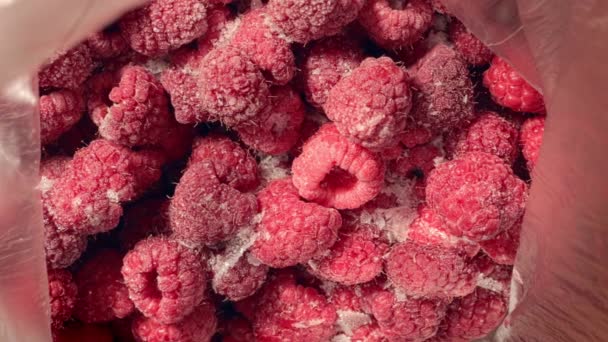 Ein Haufen tiefgefrorener Himbeeren wird im Glas schnell aufgetaut. — Stockvideo