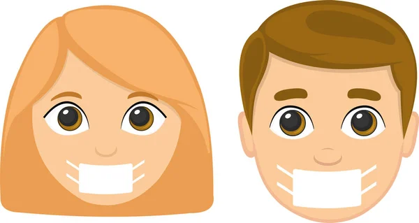 流行病の世話をするためにマスクをした女性と男性の顔のベクトルイラスト — ストックベクタ