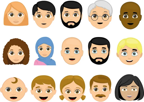 Çeşitli insanların yüzlerinin vektör illüstrasyonu