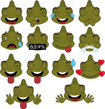 Bir karikatür bukalemununun değişik ifadelerle vektör illüstrasyonu