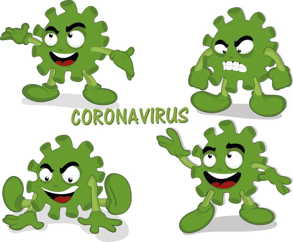Karikatür koronavirüsünün farklı pozisyonlardaki vektör çizimi