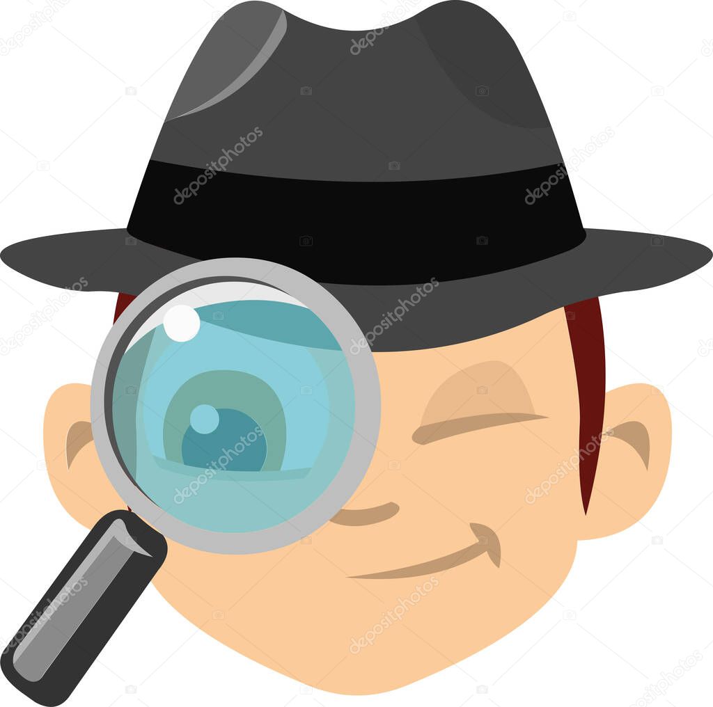 Vector emoticon illustration of the face of a detective, observing with a magnifying glass