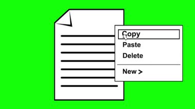 Siyah beyaz konsept simgesi çizen video animasyonu menü açılır kapanır dosya seçeneği bilgisayar sistemi, yeşil krom anahtar arkaplan üzerinde