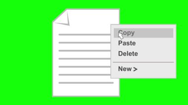 video animasyon açılır menü bağlamsal kopya seçeneği bilgisayar dosya sistemi, yeşil renkli anahtar arkaplan üzerinde