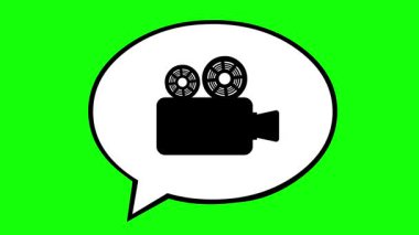 Video animasyonu, yeşil renkli anahtar arkaplan üzerinde video çağrı konseptinde siyah beyaz konuşma balonu ve film kamerası simgesi çiziyor