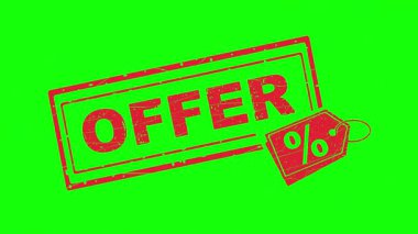 Video animasyonu kırmızı kauçuk mühür yeşil renkli bir arkaplan üzerinde yüzde sembollü metin ve etiket etiketi, indirim ve tanıtım konsepti sunar