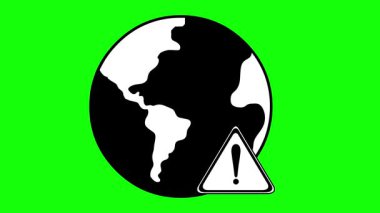 Dünya gezegeninin video animasyonu ve uyarı işareti sembolü, dünya alarm konsepti ikonunda, yeşil renkli anahtar arka planda
