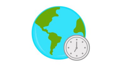 Video animasyon gezegeni dünya ve saat elleri, zaman dilimi konsepti simgesinde, beyaz bir arkaplan üzerinde hareket ediyor