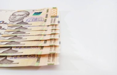 Ukrayna Hryvnia 'sı, 500 Hryvnia' nın yeni banknotları. Hryvnia (UAH.) Kapatın. Finansal geçmiş. Para arkaplanı.