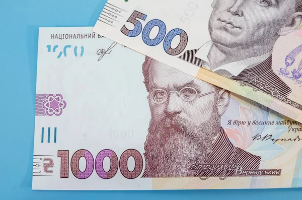 Новые 1000 500 Гривен Синем Фоне Крупный План — стоковое фото