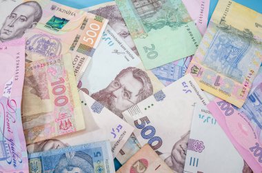 Farklı Ukrayna Hryvnia 'sına sahip bir arka plan. Yukarıdan görüntüle.