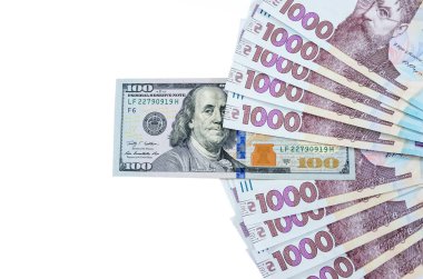 100 Amerikan doları ve 1000 Ukrayna hrivniası banknot ve beyaz arka planda yaldızlı. Hryvnia 'nın dolara oranı. Para birimi oranları. Uzayın kopyası. Metin için yer.
