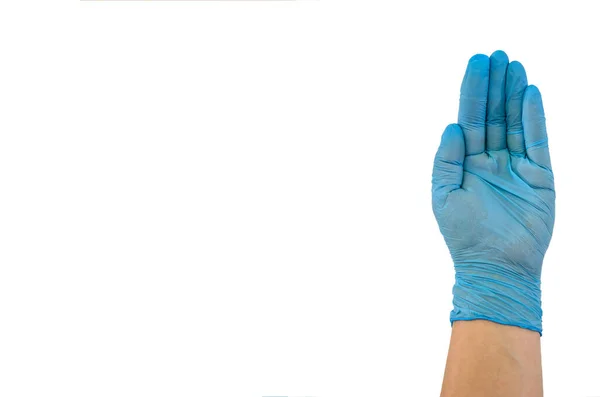 Mano Humana Guante Quirúrgico Azul Aislado Sobre Fondo Blanco Palma — Foto de Stock