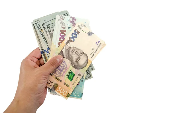 Ukrainian Hryvnia Dollars Hand Isolated White Background Copy Space — Stock Photo, Image