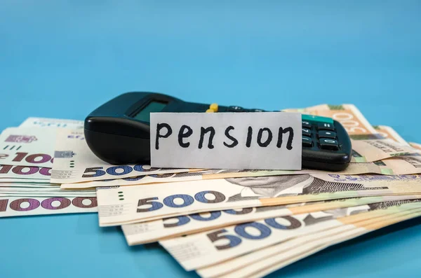 Word Pension Sticker 500 1000 Hryvnia Isolated Blue Background Pension — Stock Photo, Image