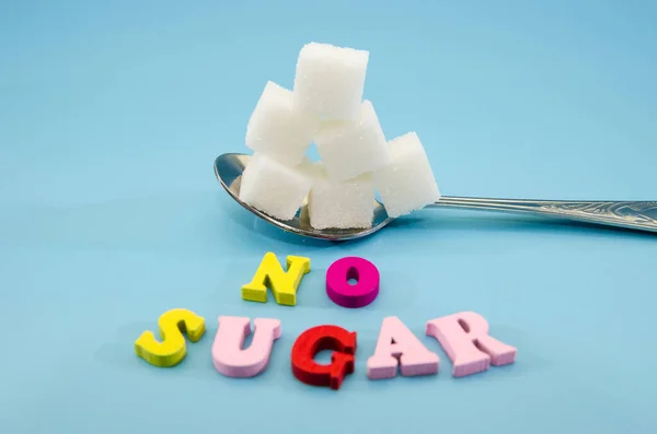 Sugar Text Word Concept Diabetes Prevention White Sugar Cubes Spoon — Stock Photo, Image