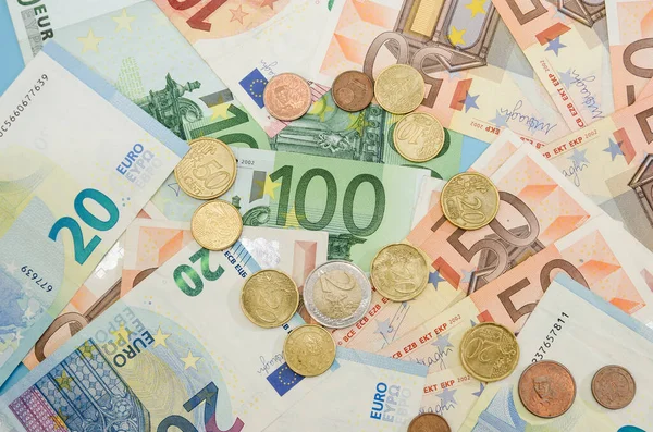 Різні Банкноти Монети Євро Фінансова Концепція Багато Грошей Грошовий Фон — стокове фото