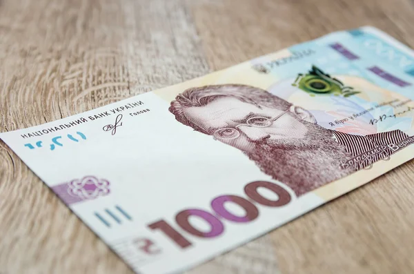 Oekraïense Bankbiljet Van 1000 Hryvnia Een Houten Ondergrond Een Close — Stockfoto