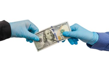 Korunmak için iki el sıhhiye eldiveni ya da Amerikan doları veriyor, karantina dönemi covid19