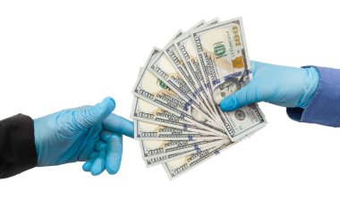 Korunmak için iki el sıhhiye eldiveni ya da Amerikan doları veriyor, karantina dönemi covid19
