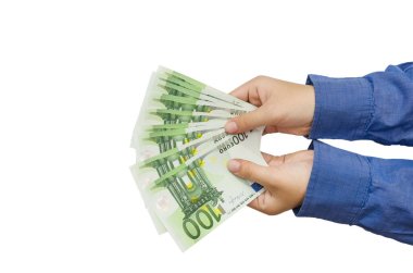 100 Euro 'luk banknot bir iş kadınının elinde. Beyaz için Euro nakit arka planı, 100 Euro, 100 Euro. Boşluğun kopyası..